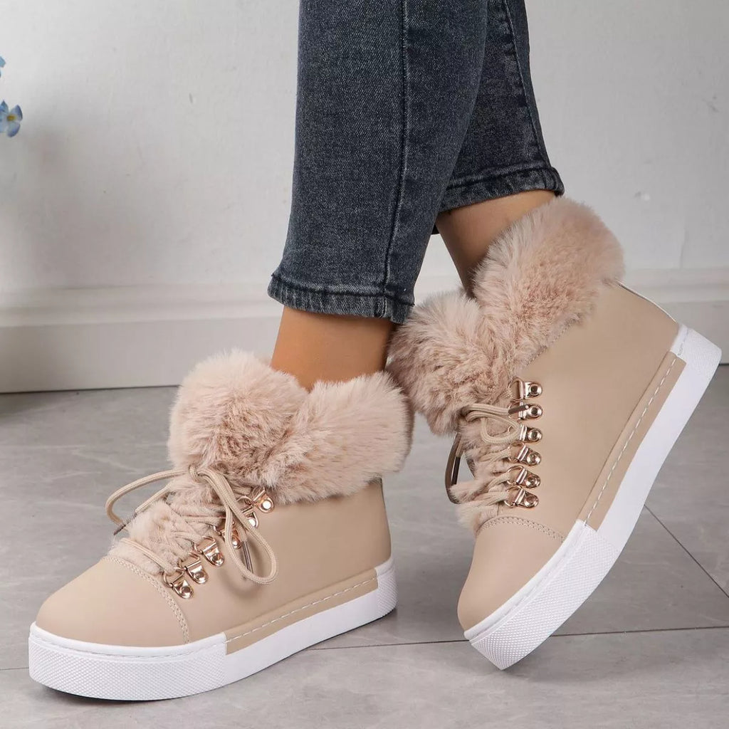 Bottines Femme À Lacets Et Col Fourrure – Effet Suédine