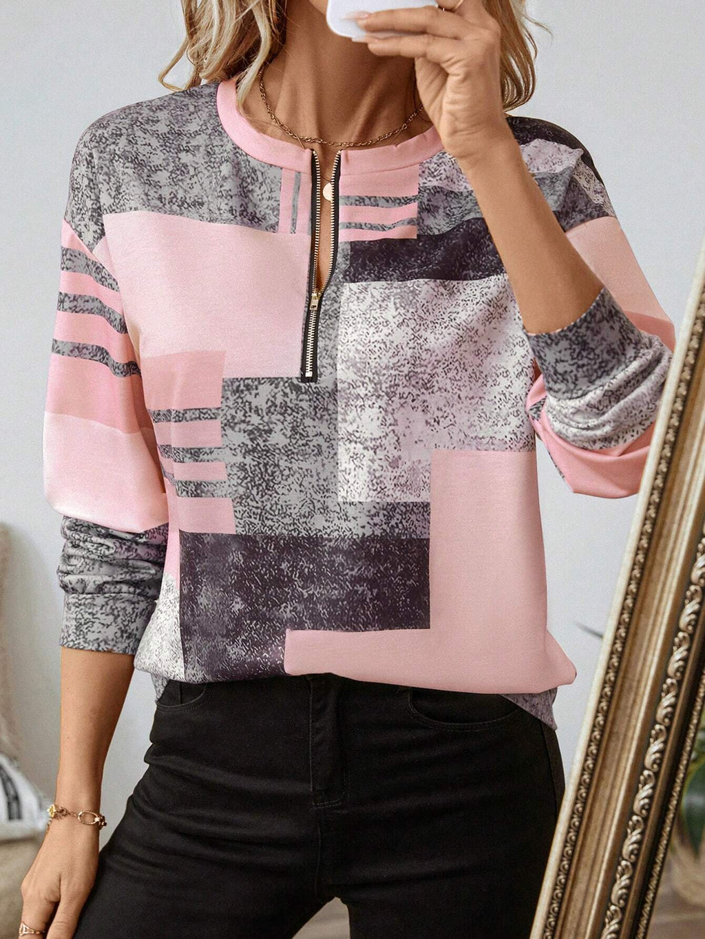 Sweat Femme Demi-Zip Imprimé Géométrique – Style Vintage