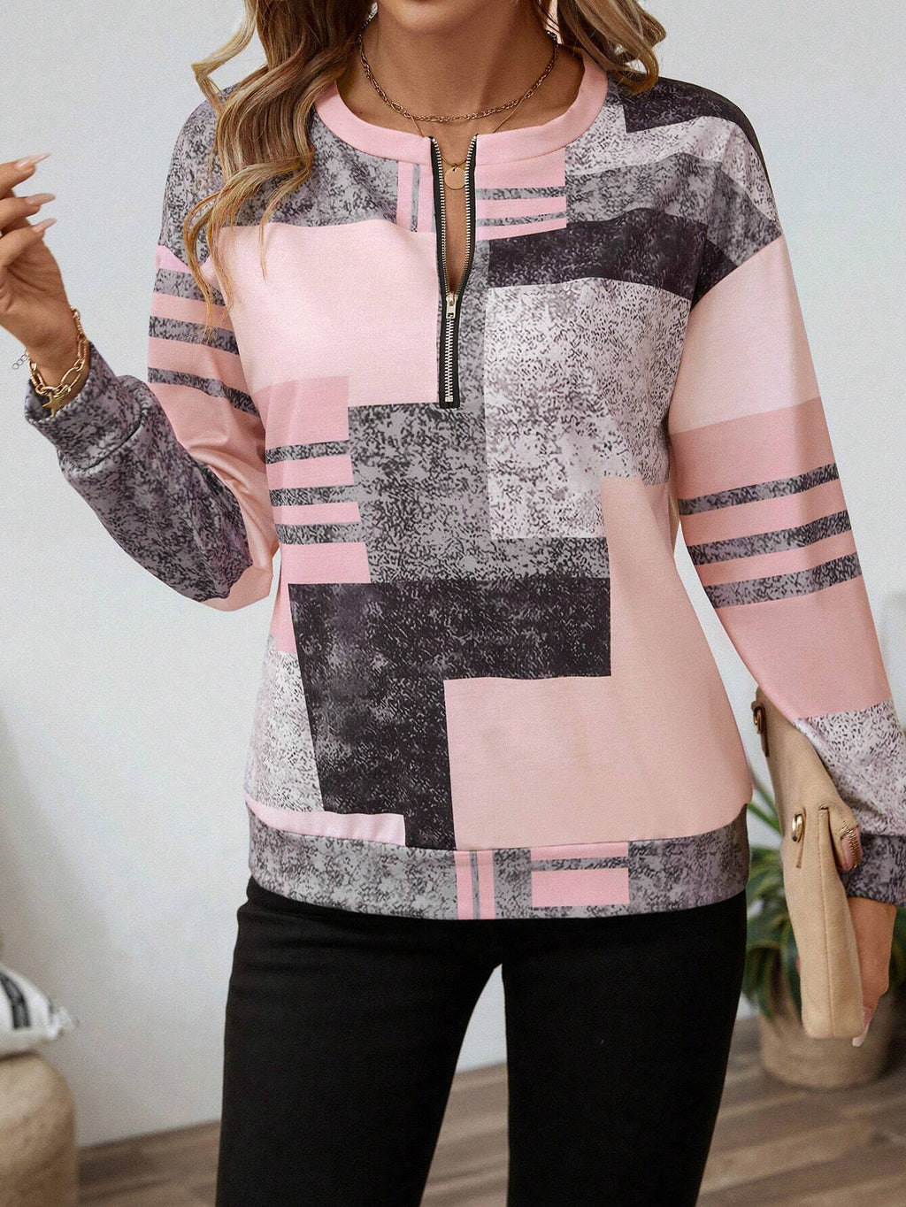 Sweat Femme Demi-Zip Imprimé Géométrique – Style Vintage