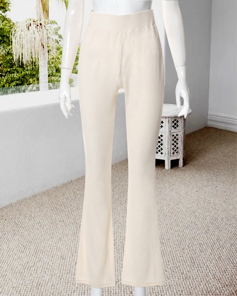 Pantalon Évasé Femme En Maille Côtelée – Taille Haute
