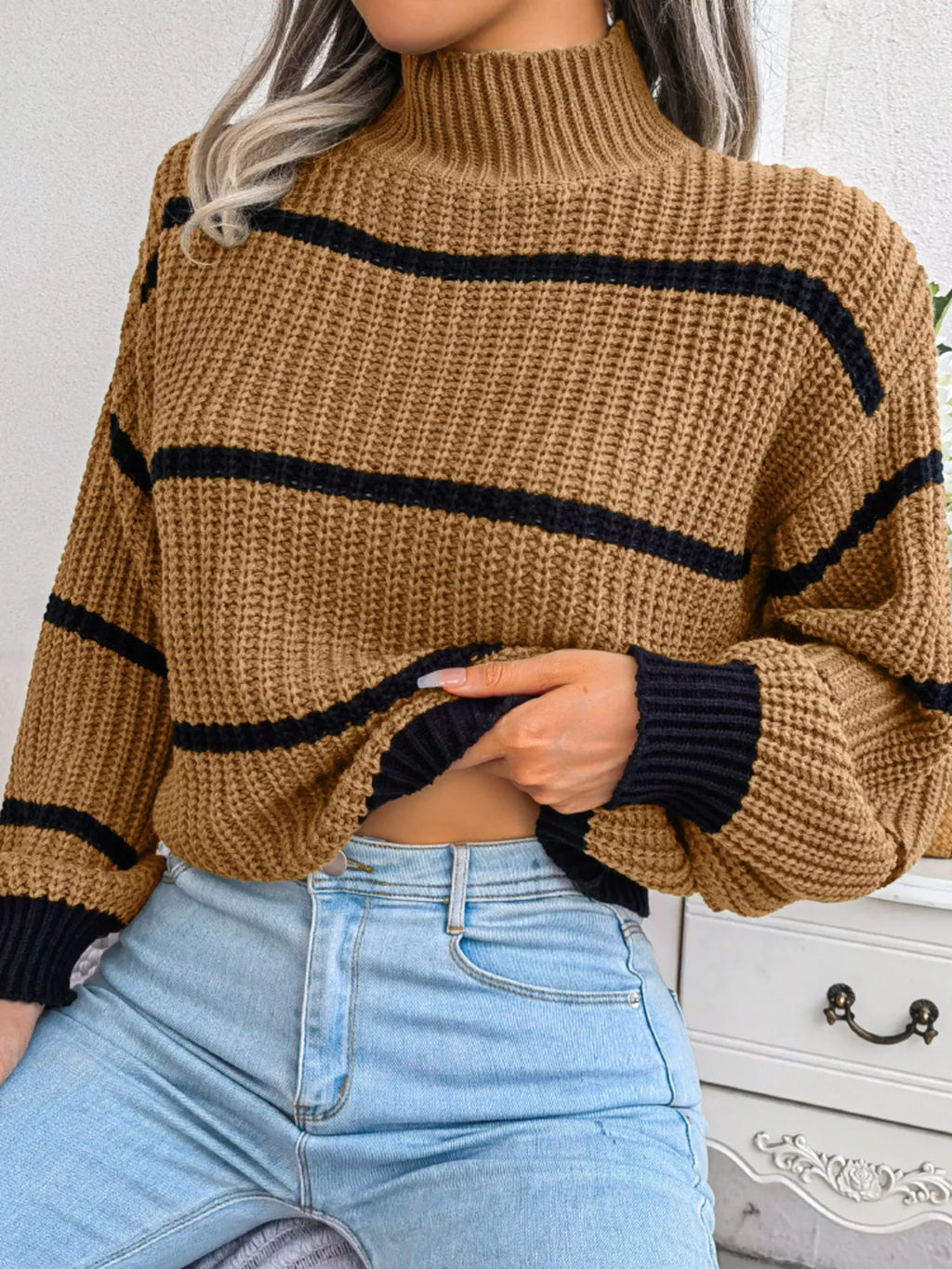 Pull Femme Grande Taille Rayé – Col Montant