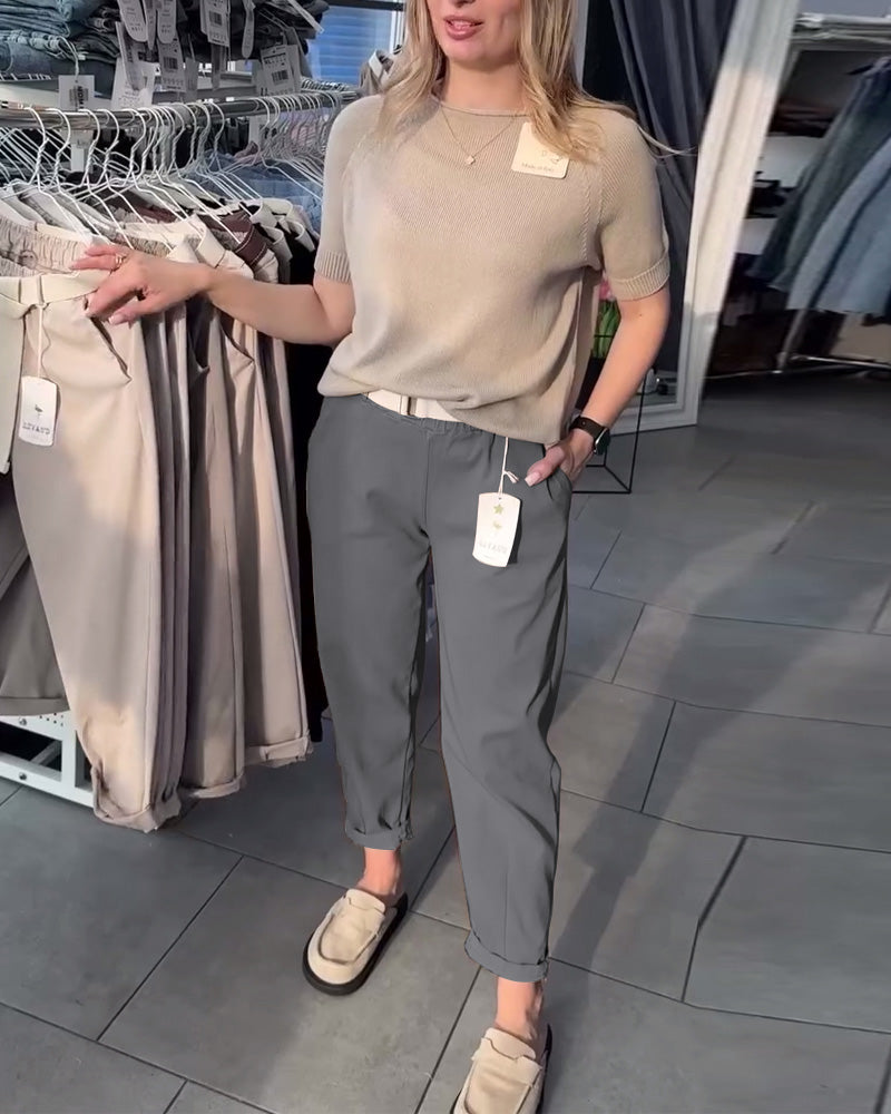 Pantalon Droit Femme Taille Élastique – Avec Ceinture