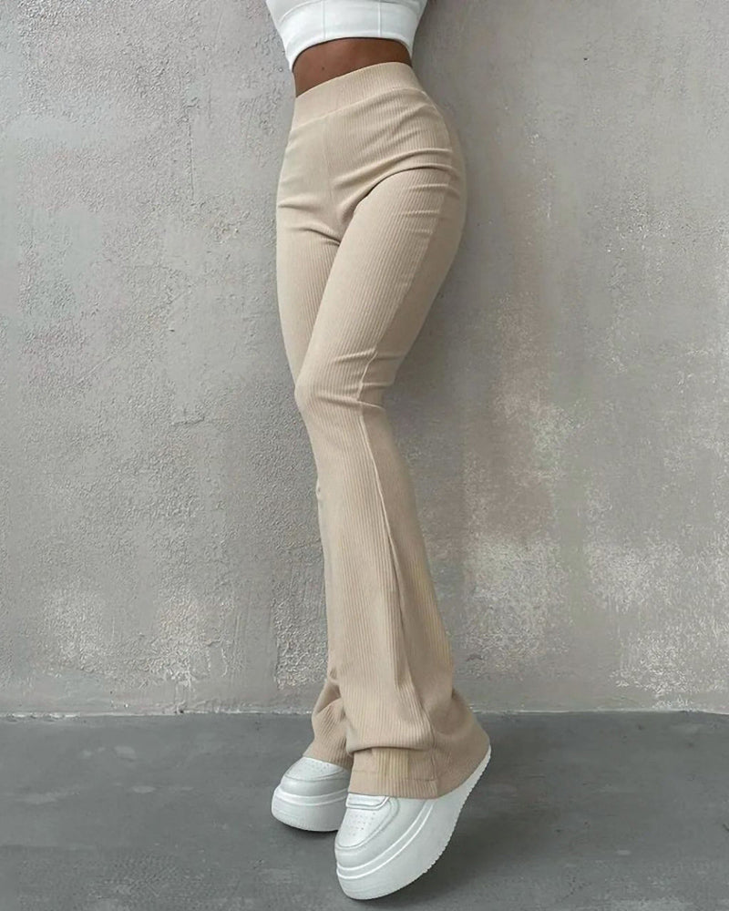 Pantalon Évasé Femme En Maille Côtelée – Taille Haute