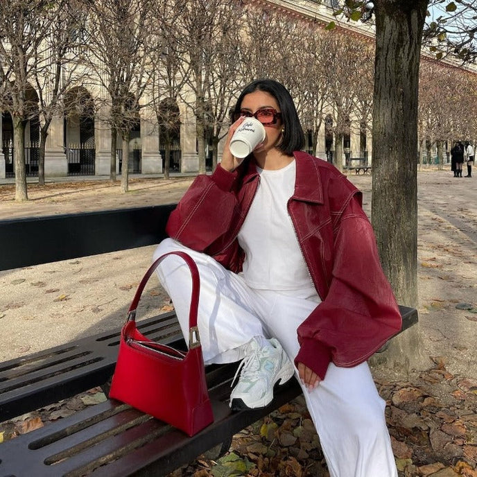Veste Bomber Femme Oversize en Similicuir – Surpiqûres Contrastées