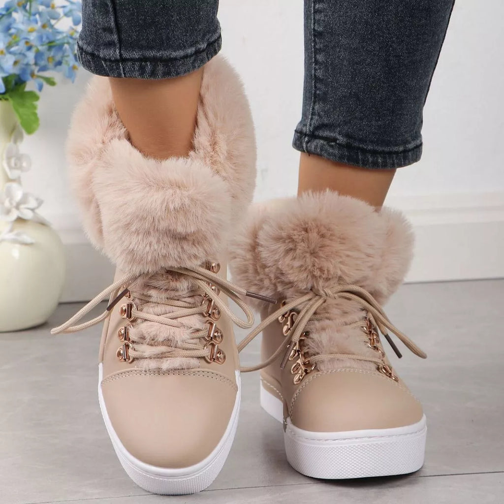 Bottines Femme À Lacets Et Col Fourrure – Effet Suédine