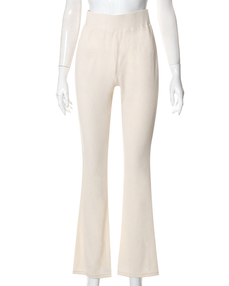 Pantalon Évasé Femme En Maille Côtelée – Taille Haute