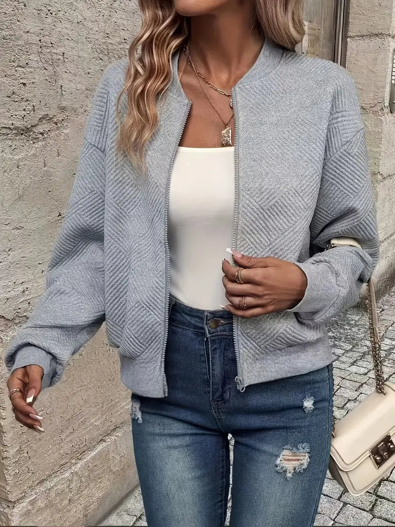 Blouson Bomber Femme Texturé Géométrique – Col Rond