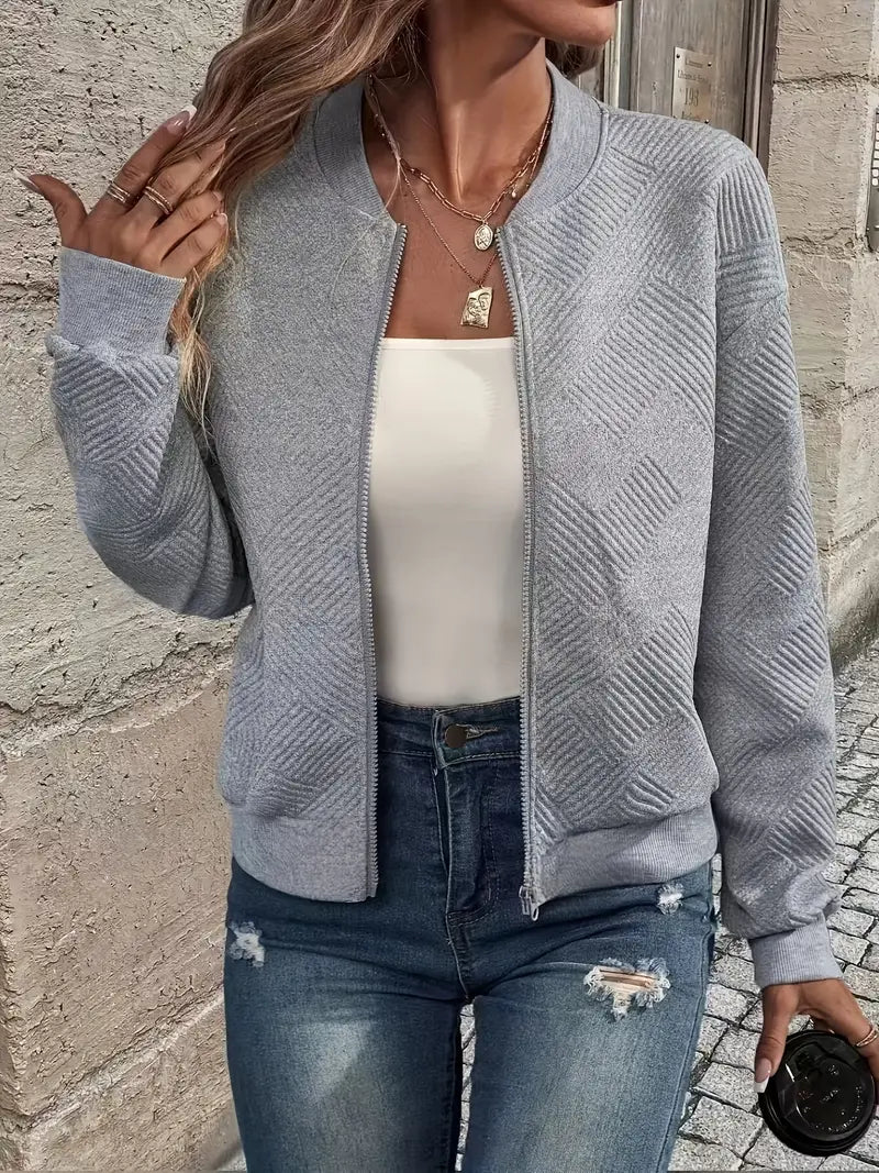 Blouson Bomber Femme Texturé Géométrique – Col Rond