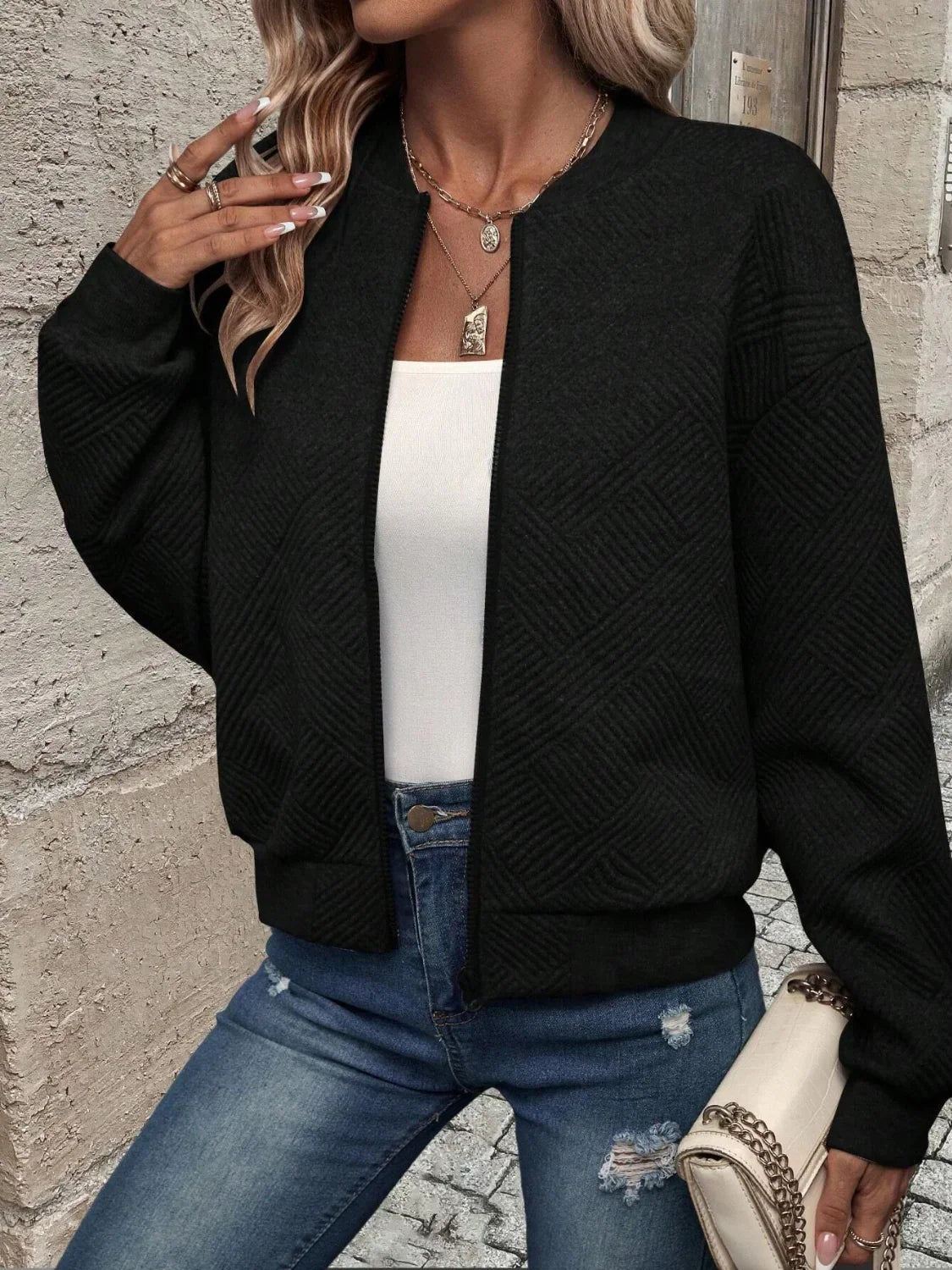 Blouson Bomber Femme Texturé Géométrique – Col Rond