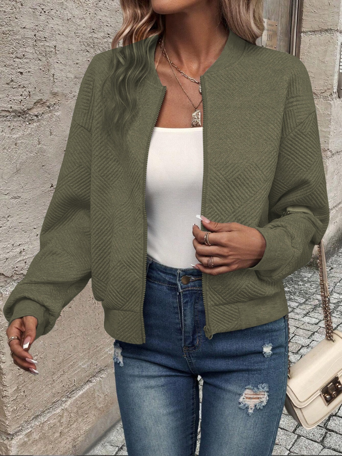Blouson Bomber Femme Texturé Géométrique – Col Rond