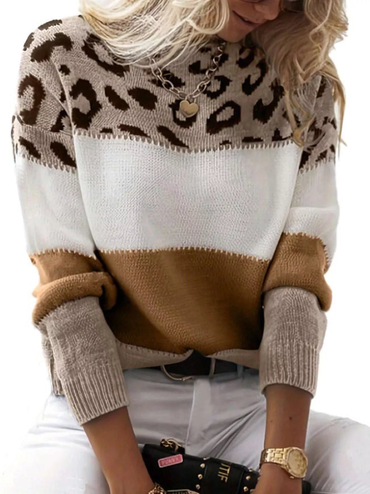 Pull Femme Grande Taille Color Block – Imprimé Léopard