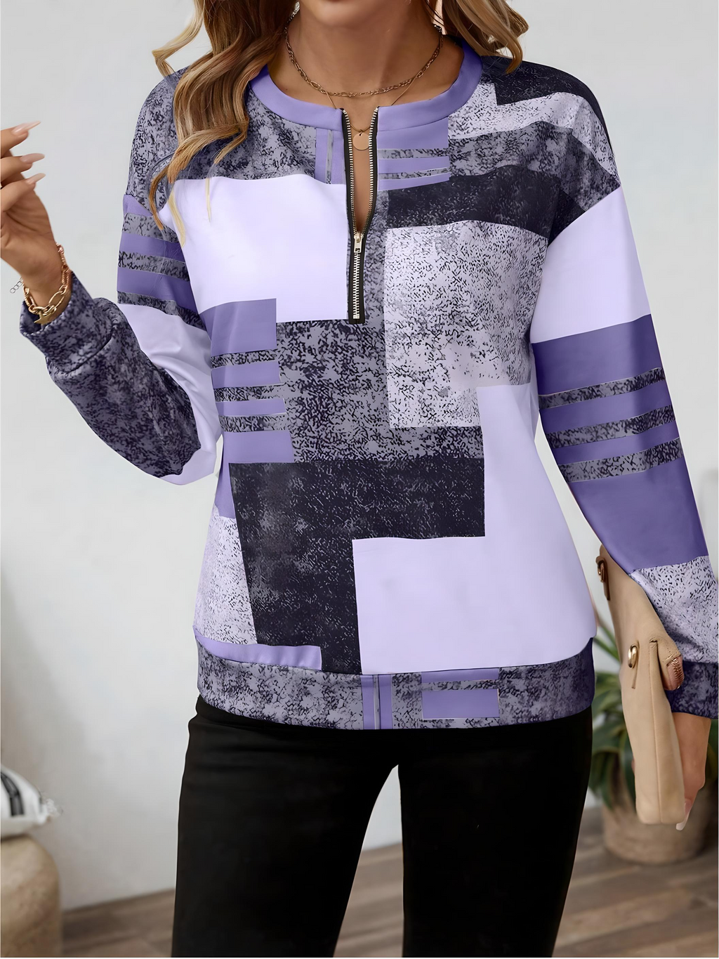 Sweat Femme Demi-Zip Imprimé Géométrique – Style Vintage