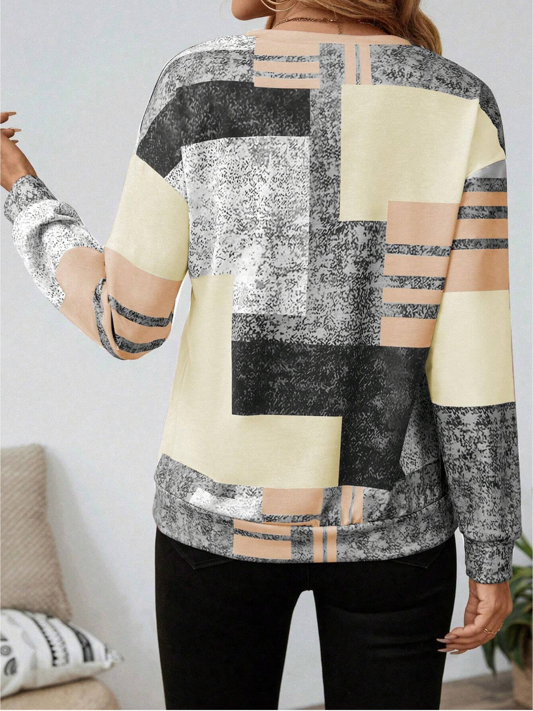Sweat Femme Demi-Zip Imprimé Géométrique – Style Vintage