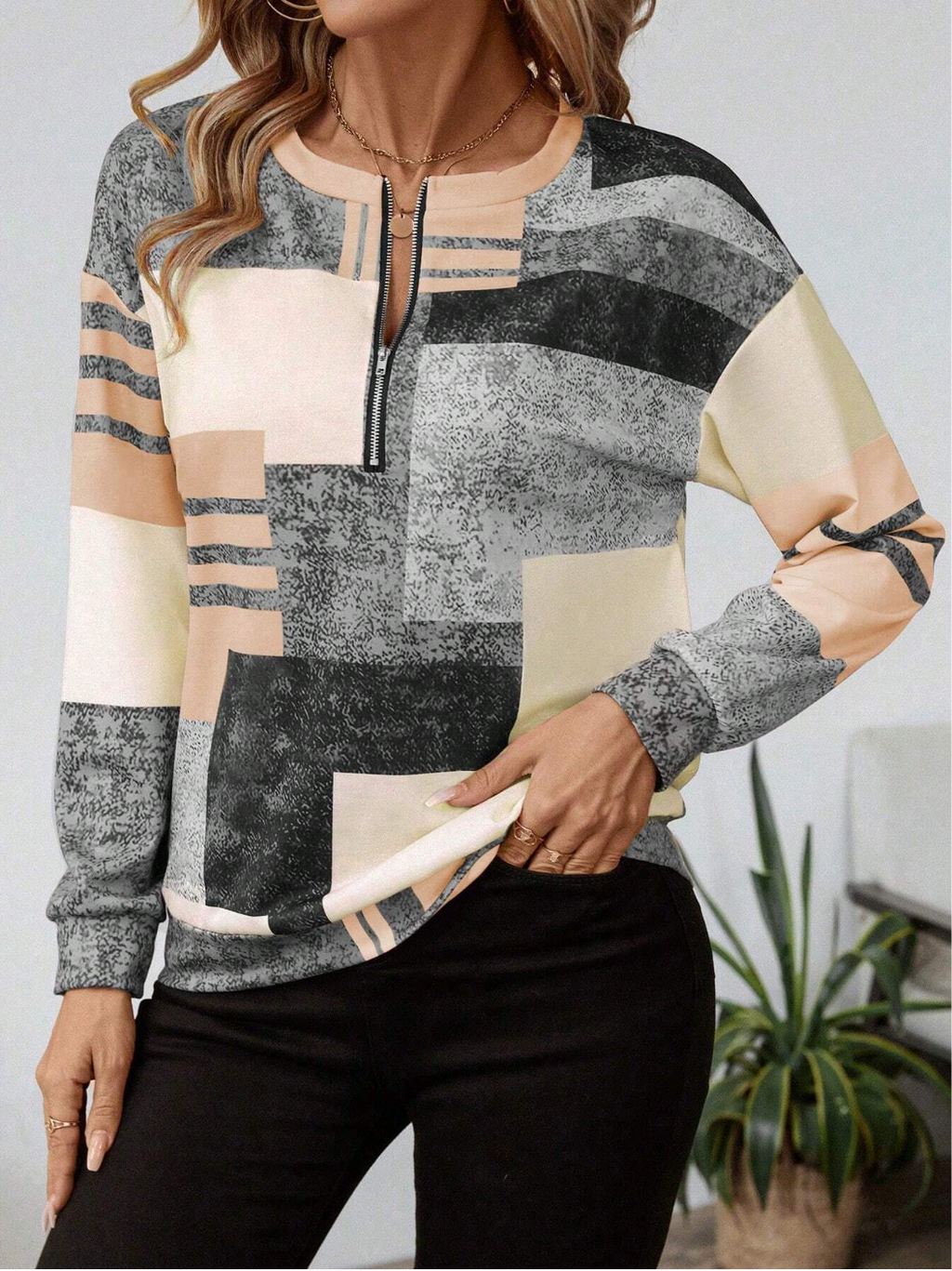 Sweat Femme Demi-Zip Imprimé Géométrique – Style Vintage