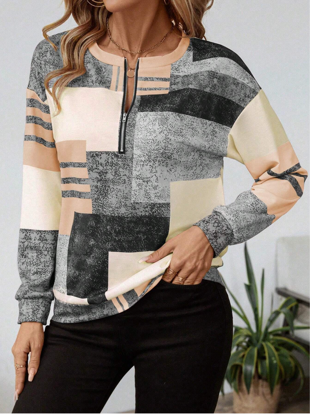 Sweat Femme Demi-Zip Imprimé Géométrique – Style Vintage
