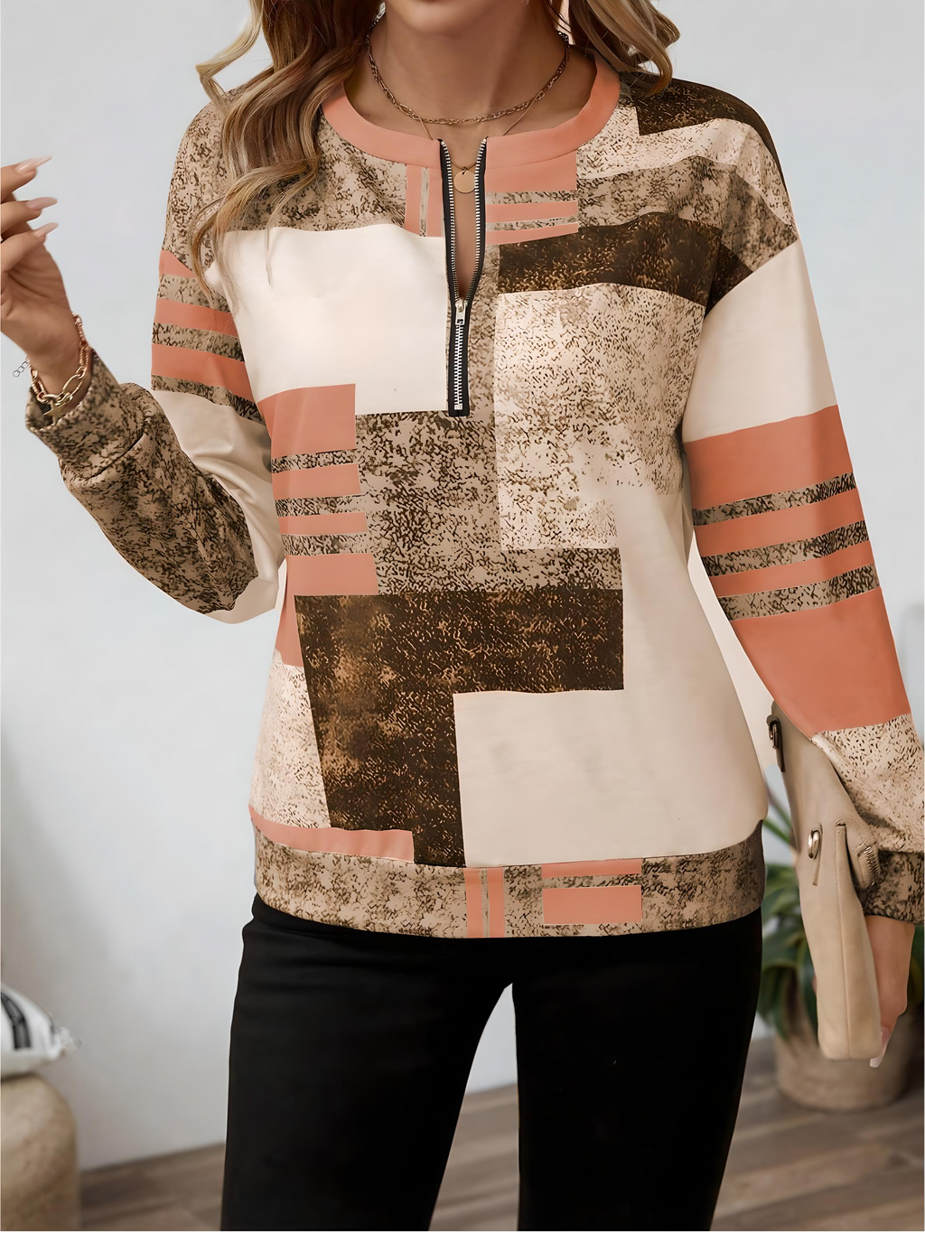Sweat Femme Demi-Zip Imprimé Géométrique – Style Vintage
