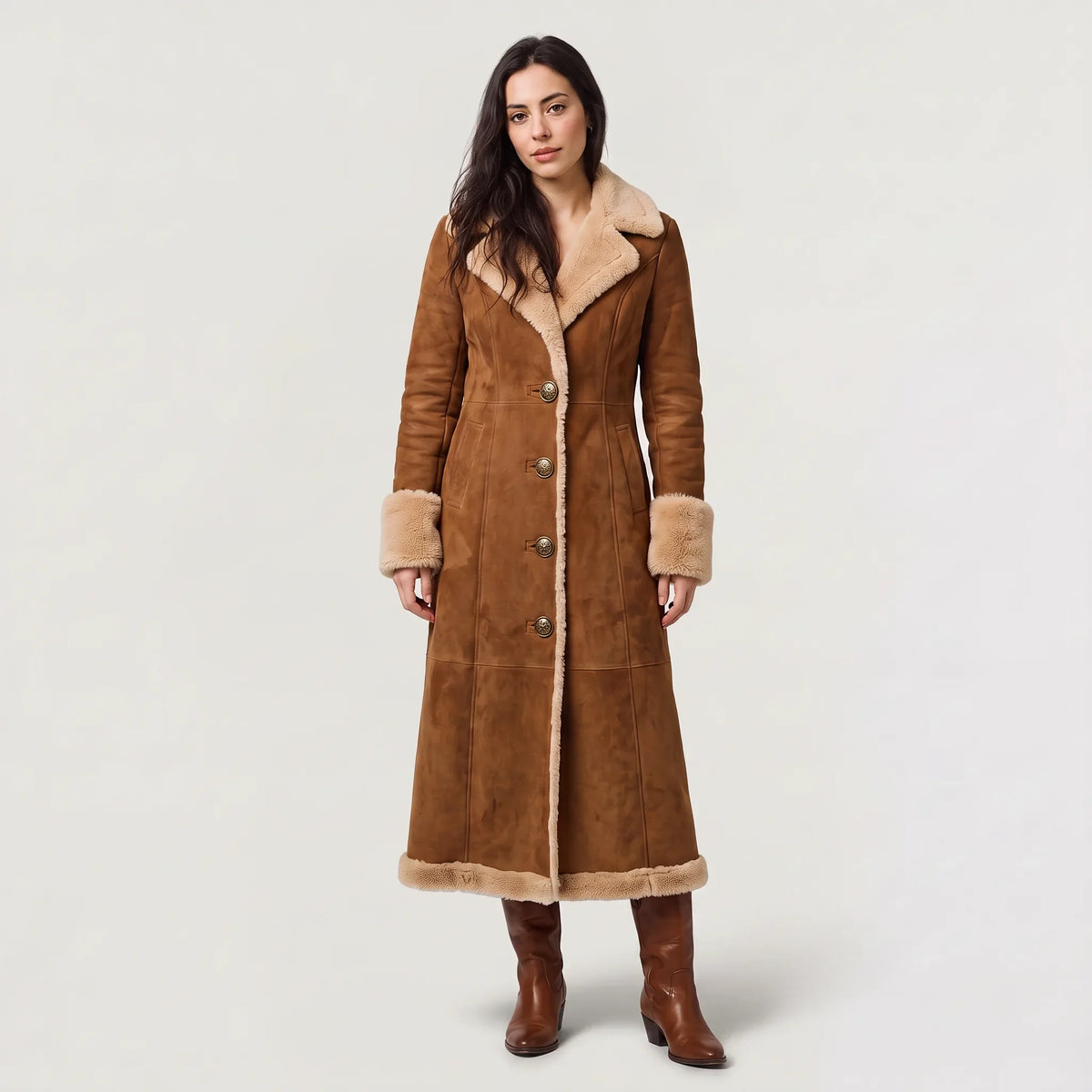 Manteau Long Femme Effet Daim Doublé Sherpa – Boutonné