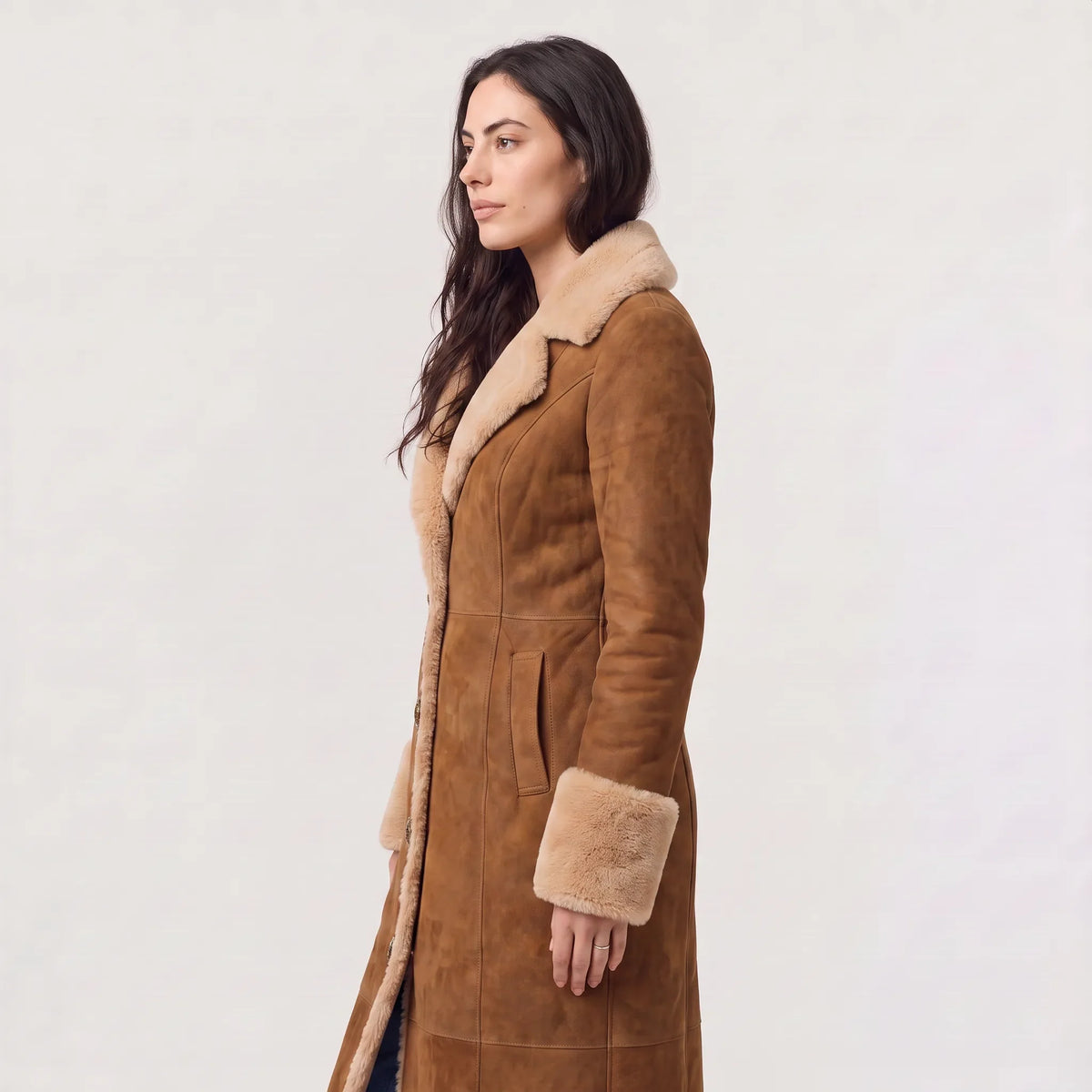 Manteau Long Femme Effet Daim Doublé Sherpa – Boutonné