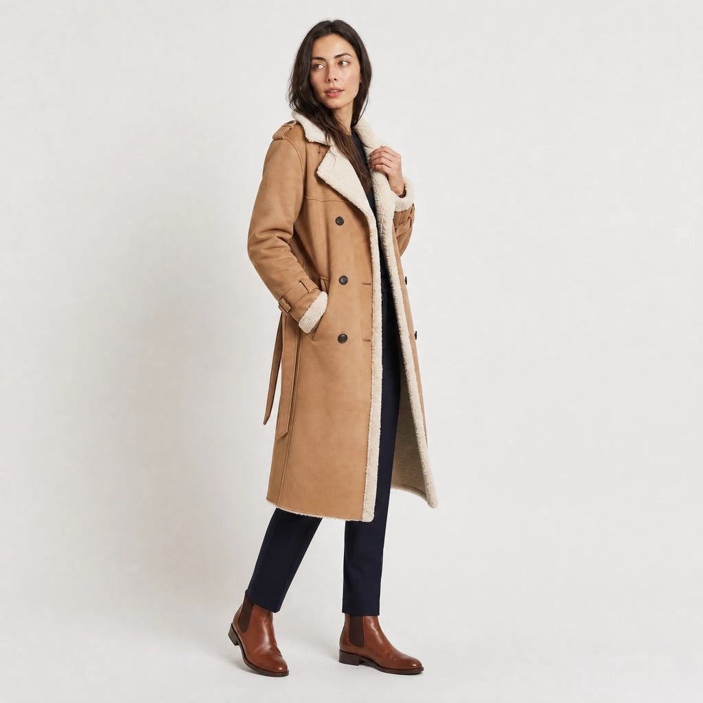 Manteau Long Aviateur Femme Doublé Sherpa – Ceinturé
