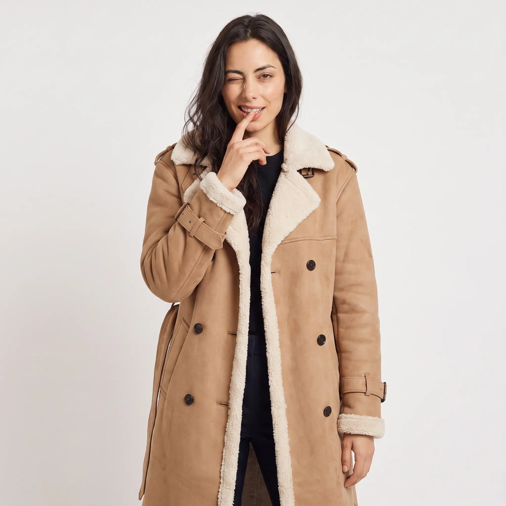 Manteau Long Aviateur Femme Doublé Sherpa – Ceinturé