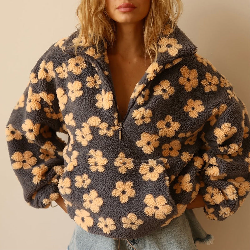 Sweat Polaire Sherpa Femme Imprimé Floral – Demi-Zip