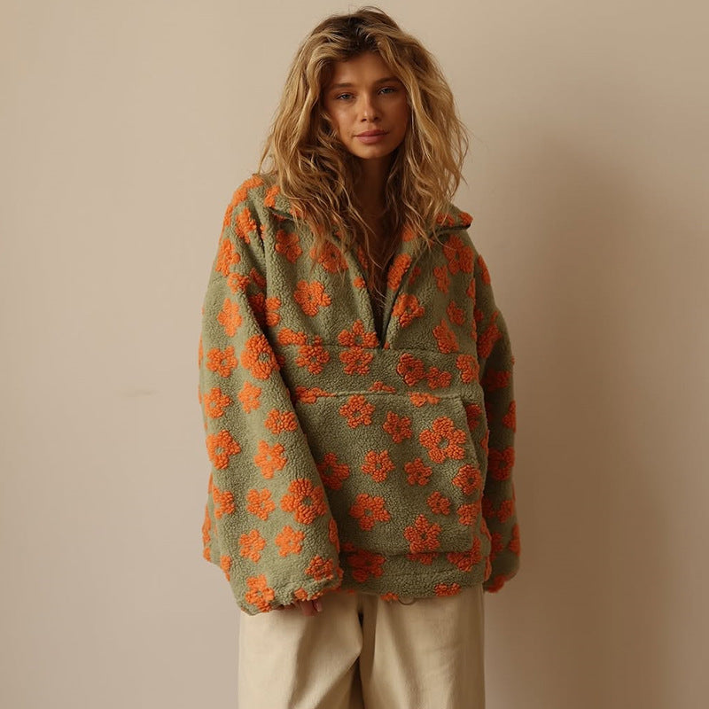 Sweat Polaire Sherpa Femme Imprimé Floral – Demi-Zip
