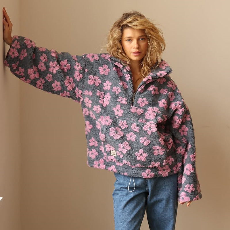 Sweat Polaire Sherpa Femme Imprimé Floral – Demi-Zip