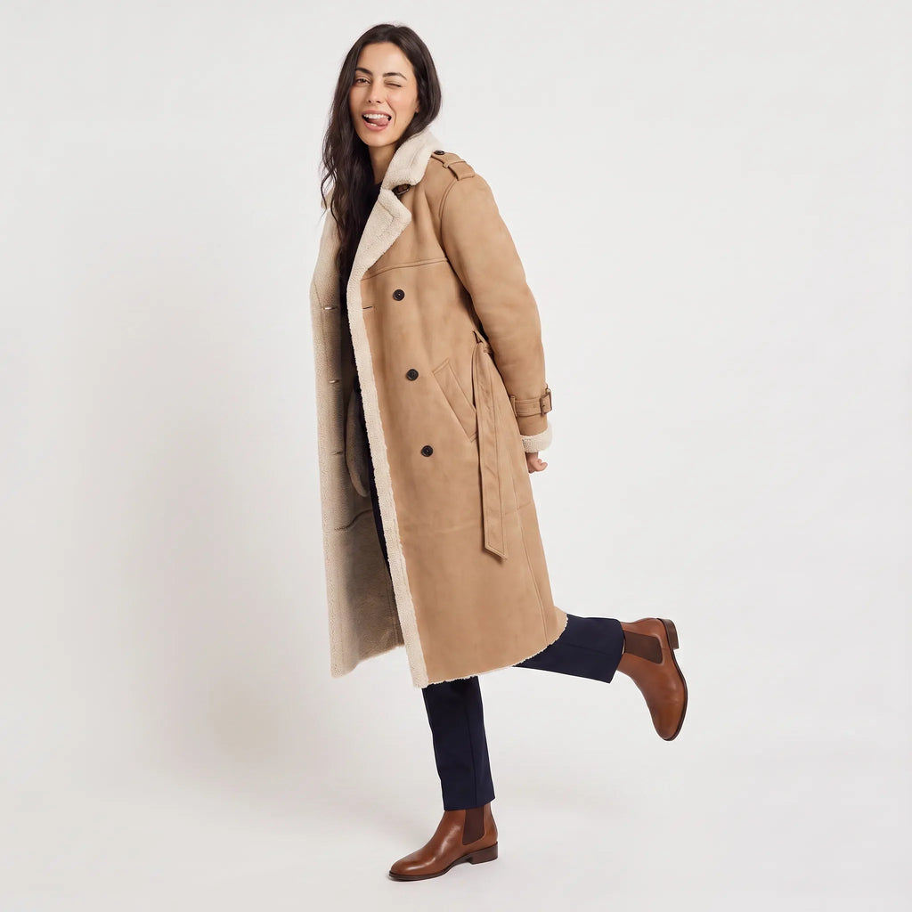 Manteau Long Aviateur Femme Doublé Sherpa – Ceinturé