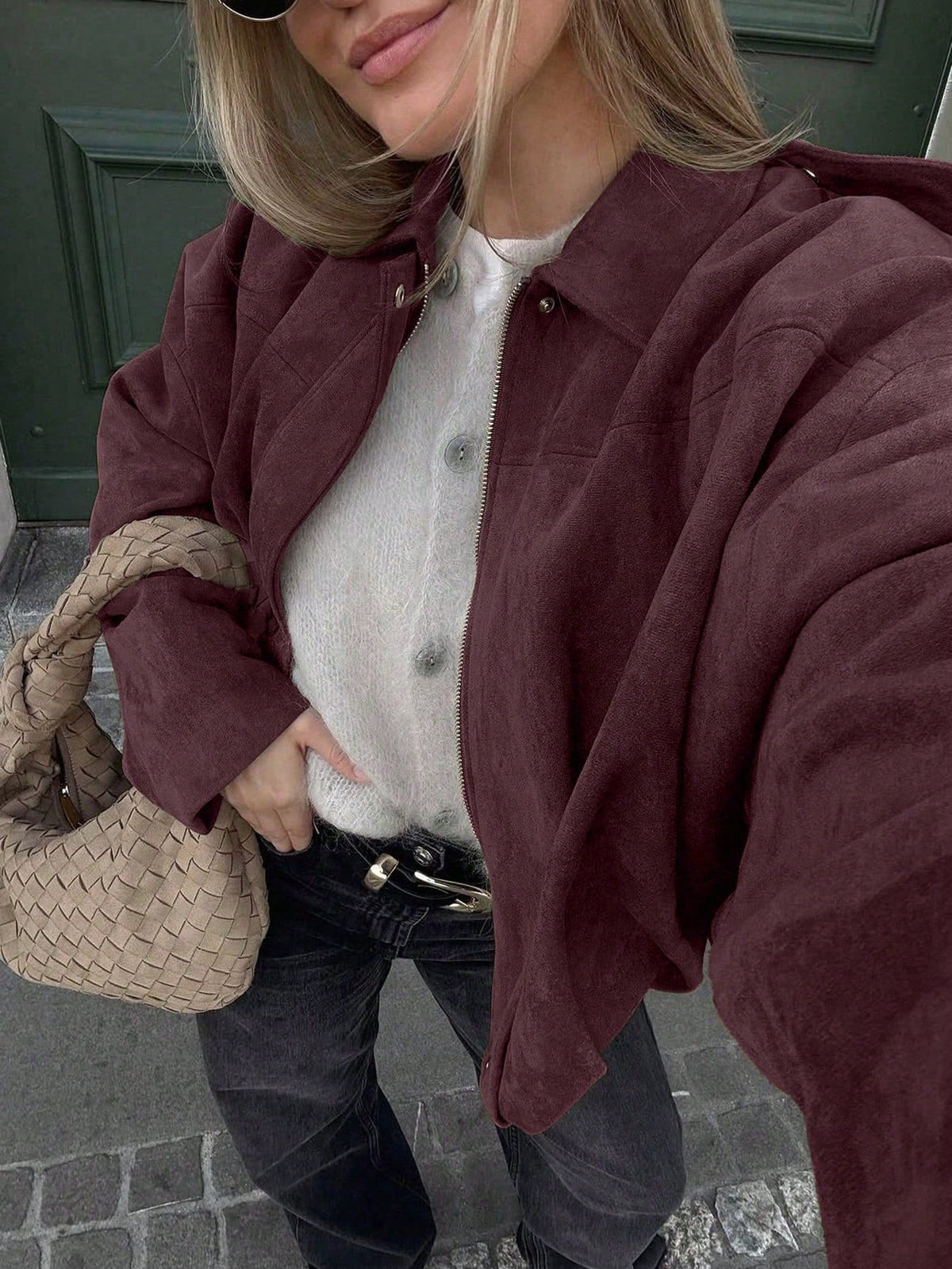 Blouson Bomber Femme Oversize En Suédine – Col Montant