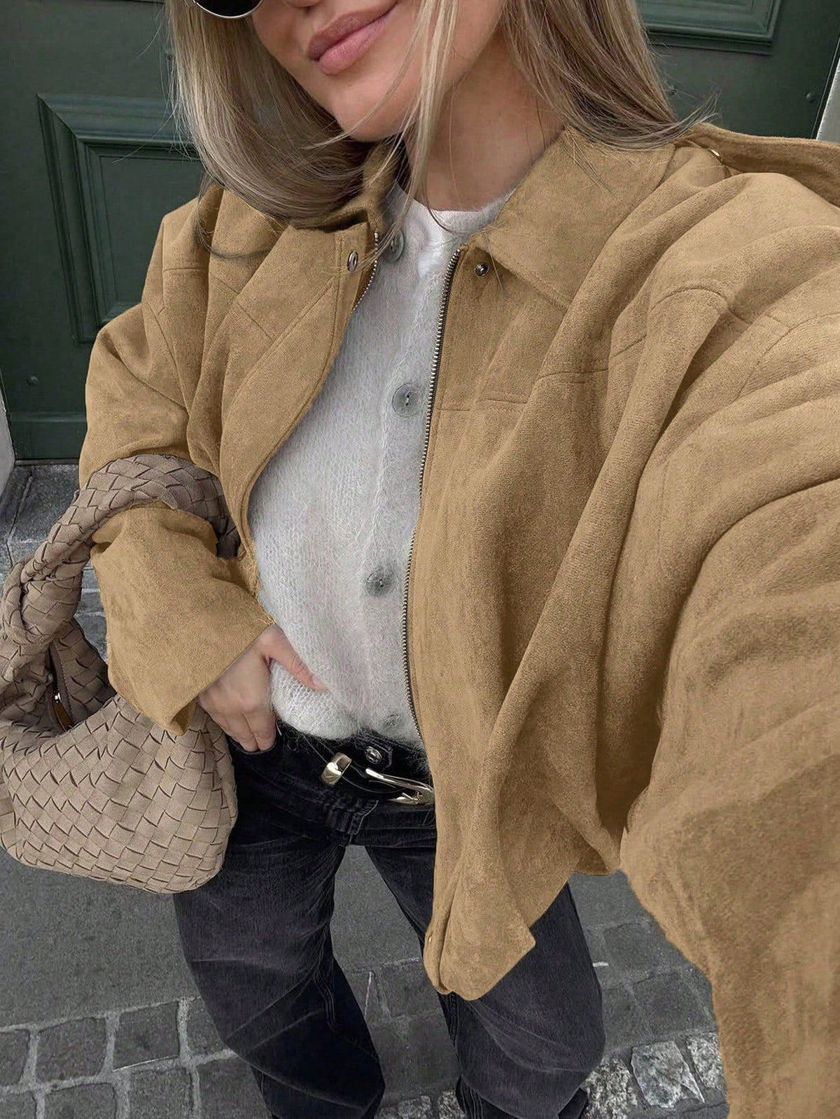 Blouson Bomber Femme Oversize En Suédine – Col Montant
