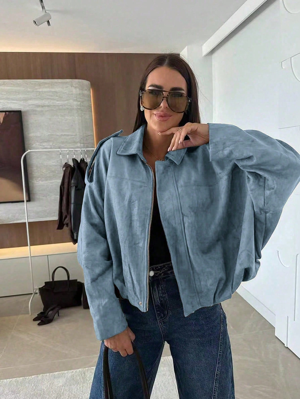 Blouson Bomber Femme Oversize En Suédine – Col Montant