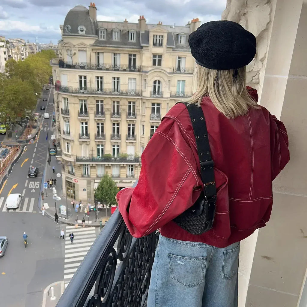 Veste Bomber Femme Oversize en Similicuir – Surpiqûres Contrastées
