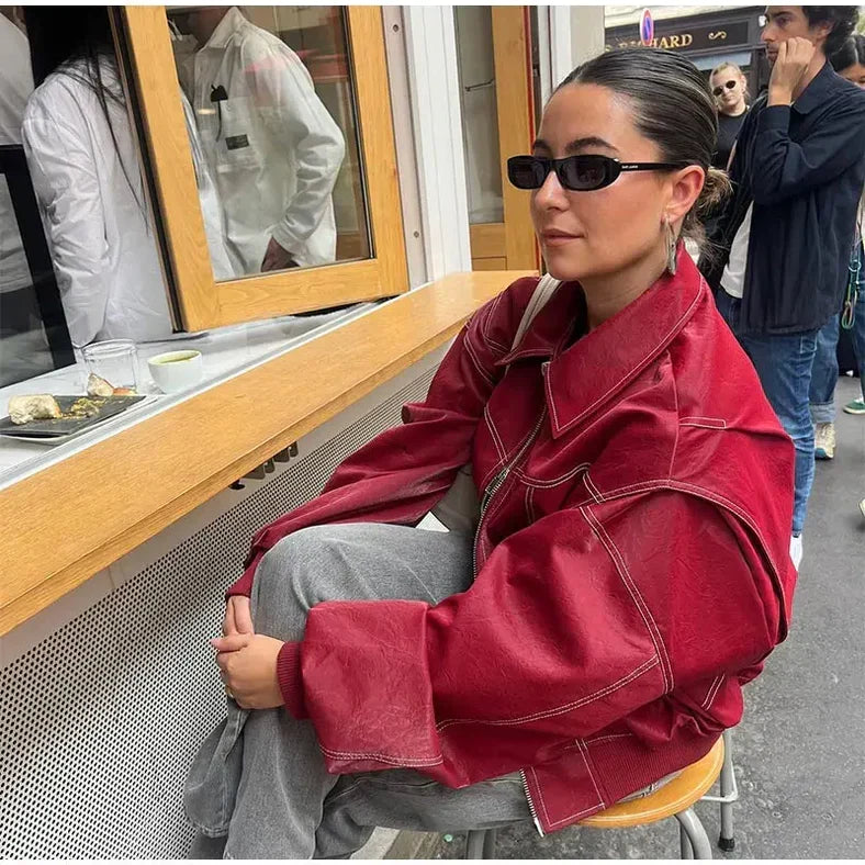 Veste Bomber Femme Oversize en Similicuir – Surpiqûres Contrastées