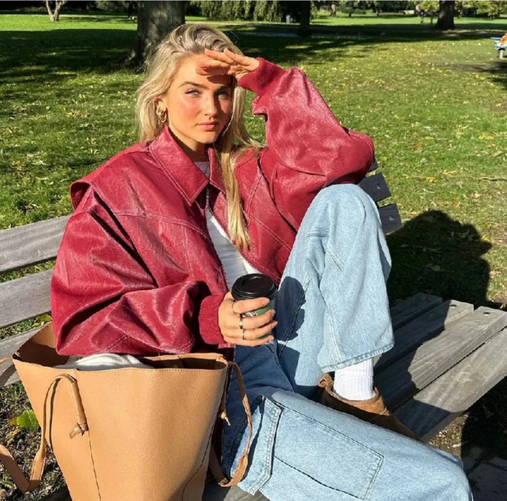 Veste Bomber Femme Oversize en Similicuir – Surpiqûres Contrastées