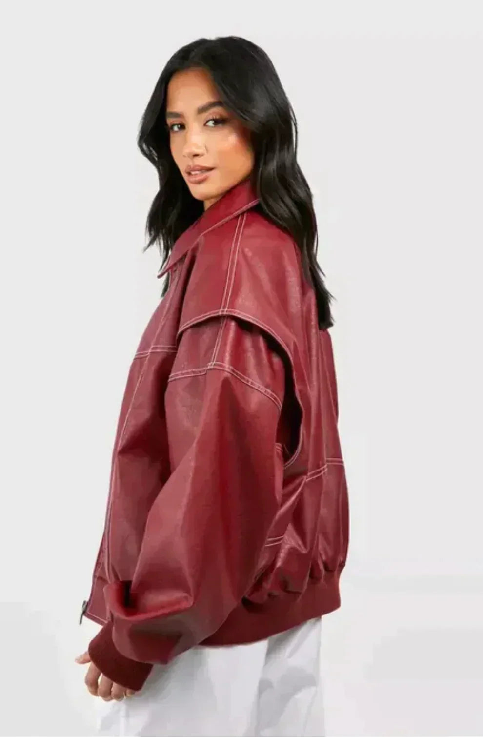 Veste Bomber Femme Oversize en Similicuir – Surpiqûres Contrastées