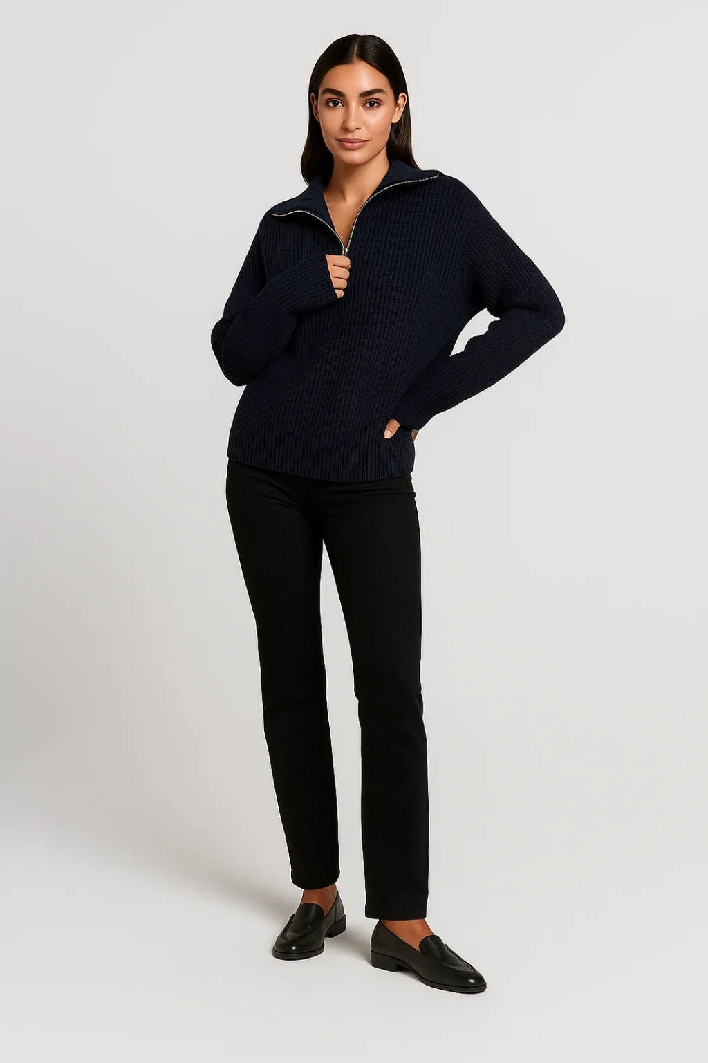 Pull Femme En Maille Gaufrée – Col Montant Zippé