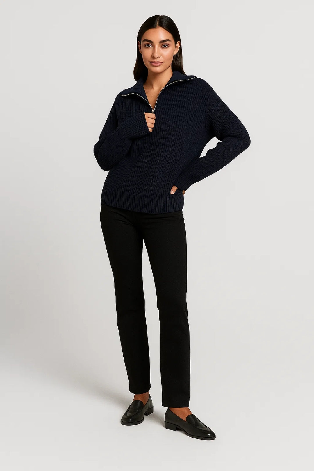 Pull Femme En Maille Gaufrée – Col Montant Zippé