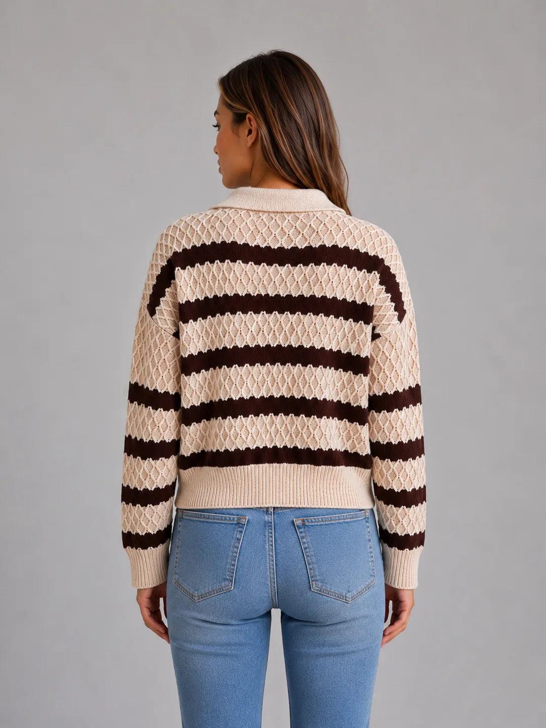 Pull Femme Rayé En Maille Texturée – Col Polo