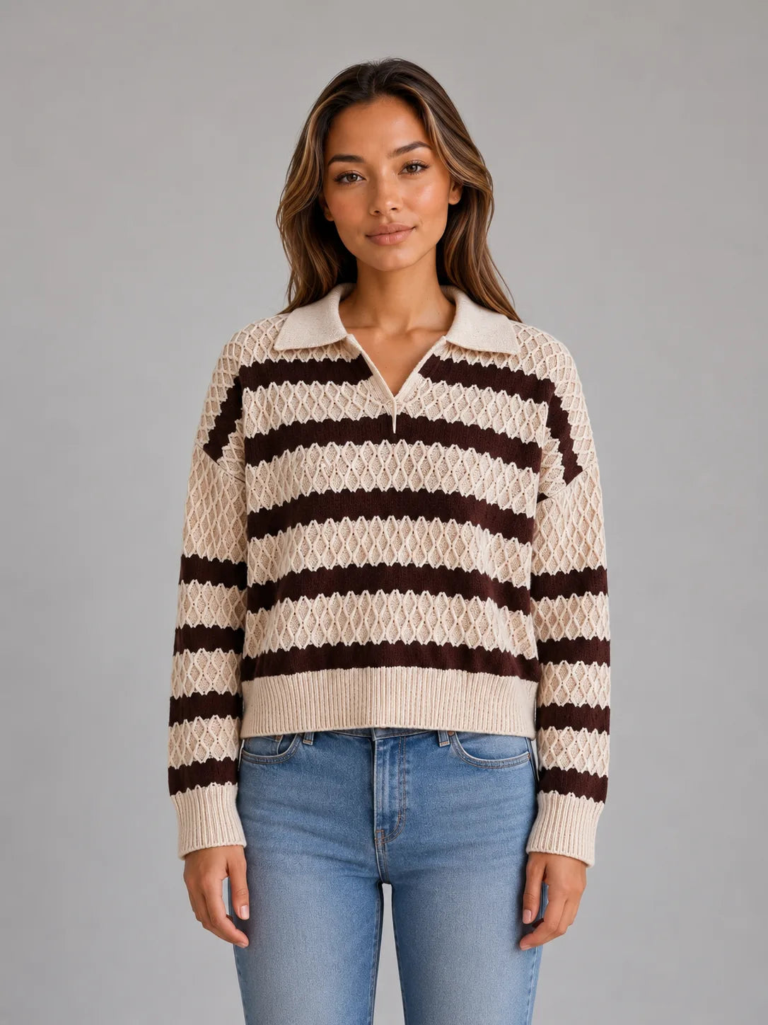 Pull Femme Rayé En Maille Texturée – Col Polo
