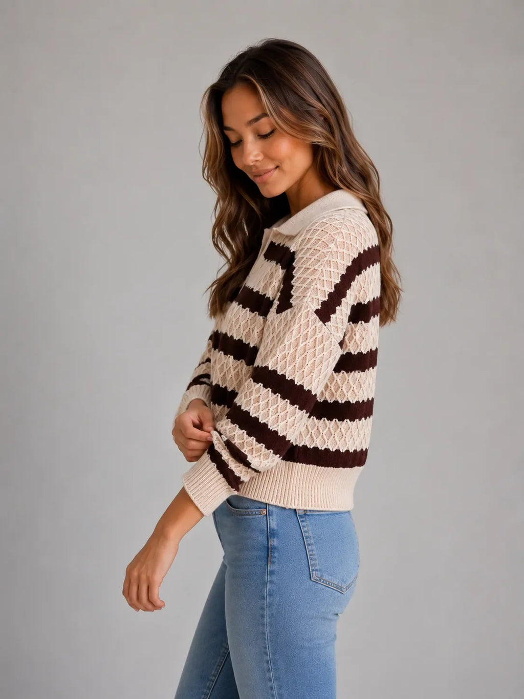 Pull Femme Rayé En Maille Texturée – Col Polo