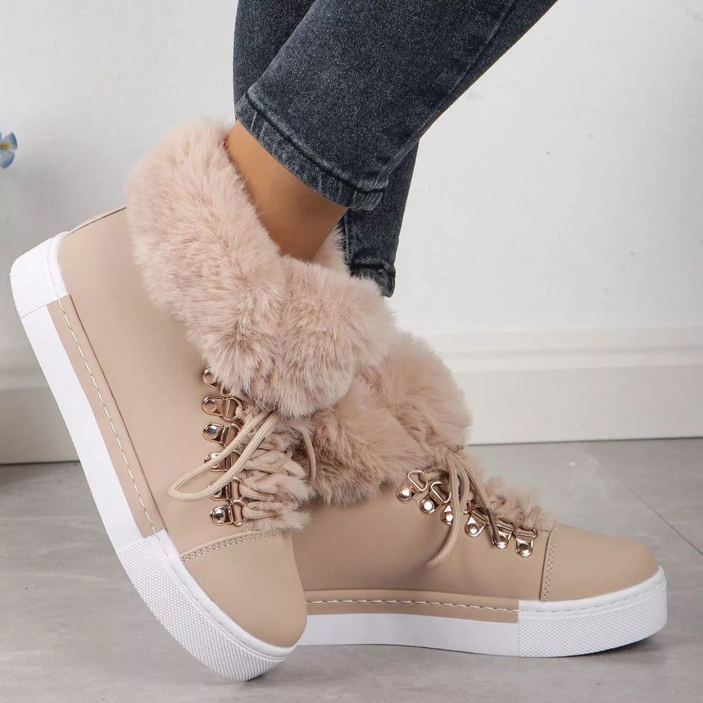 Bottines Femme À Lacets Et Col Fourrure – Effet Suédine