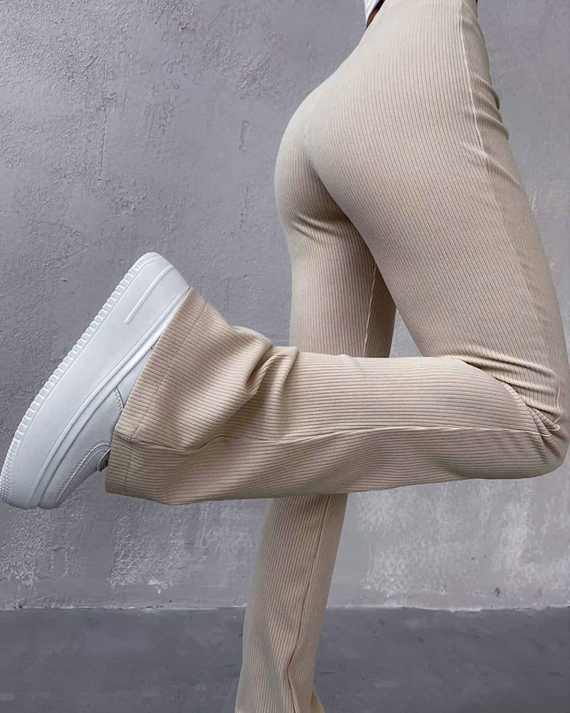 Pantalon Évasé Femme En Maille Côtelée – Taille Haute