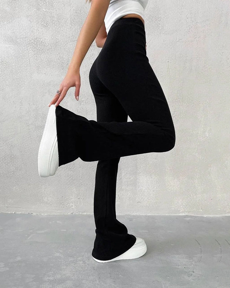 Pantalon Évasé Femme En Maille Côtelée – Taille Haute