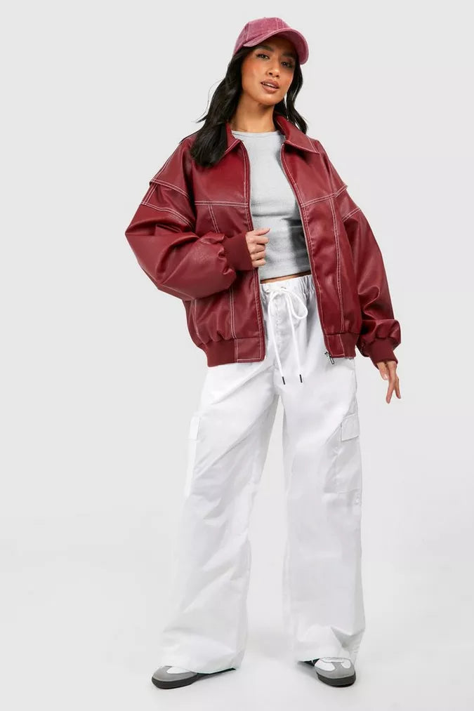 Veste Bomber Femme Oversize en Similicuir – Surpiqûres Contrastées