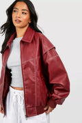 Veste Bomber Femme Oversize en Similicuir – Surpiqûres Contrastées