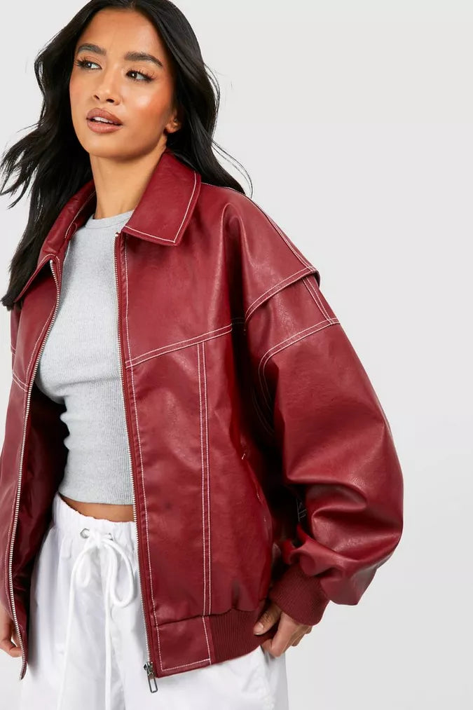 Veste Bomber Femme Oversize en Similicuir – Surpiqûres Contrastées