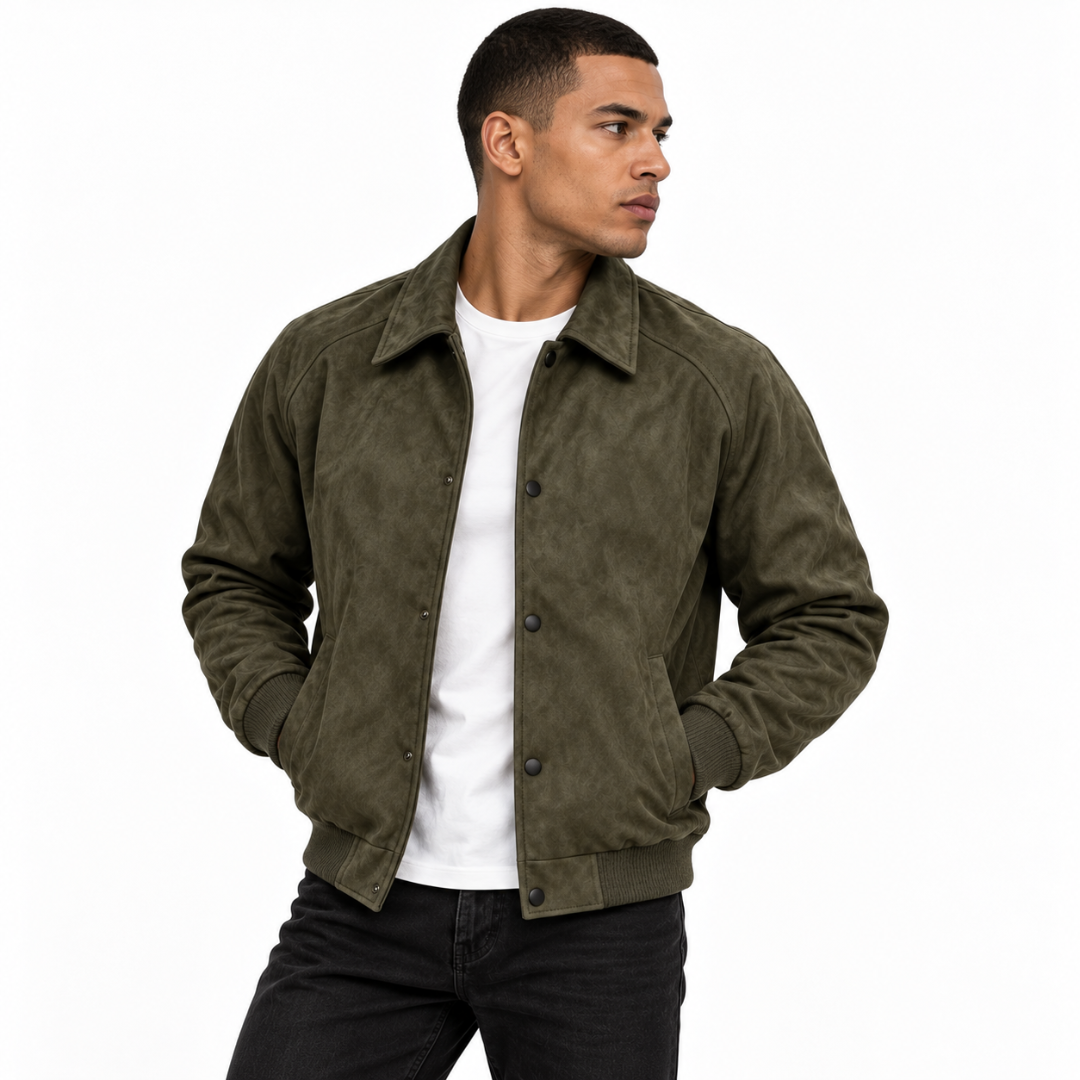 Veste bomber effet daim vert olive Wearviro portée, vue de face