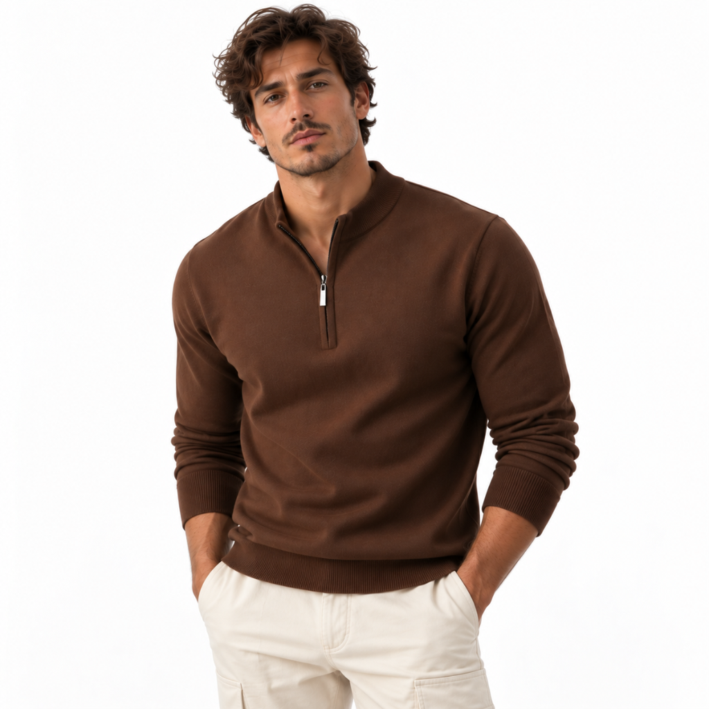 Pull col montant demi-zip marron chocolat Wearviro porté, vue de face