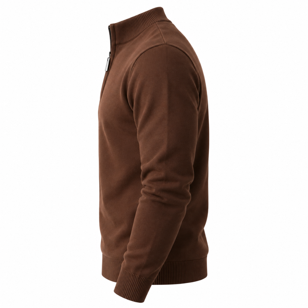 Pull col montant demi-zip marron chocolat Wearviro, vue de profil