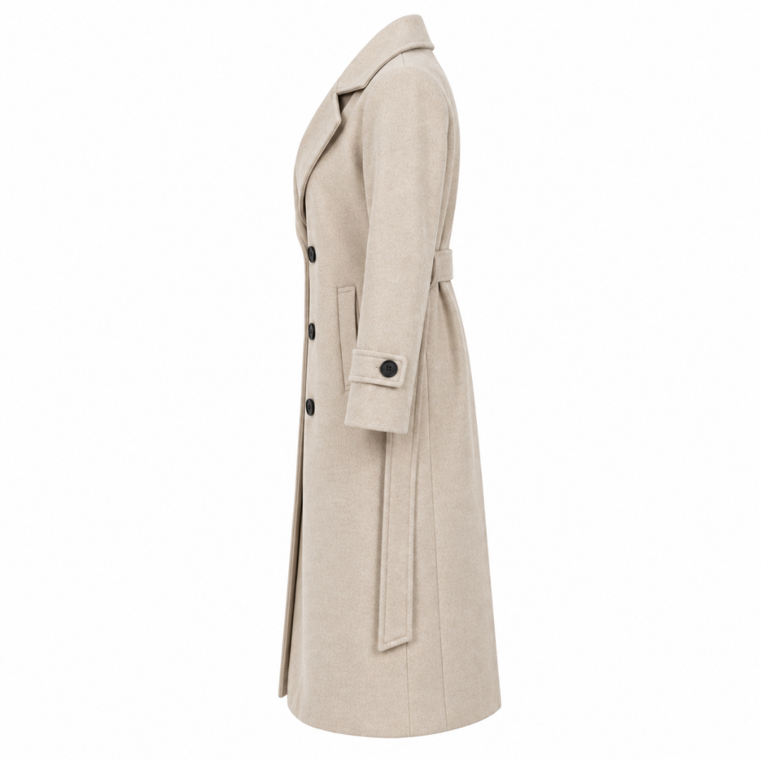 Manteau long beige à double boutonnage Wearviro, vue de profil
